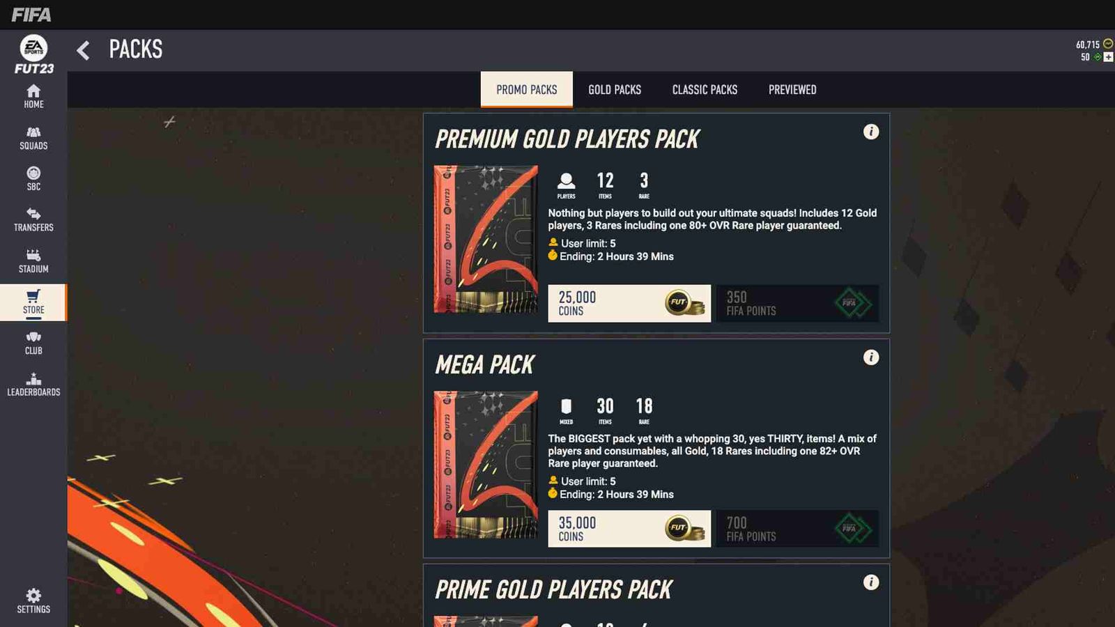 Image of the packs menu in the FIFA 23 web app.