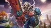 Rocket Raccoon carrying a large gun while in his classic costume in Marvel Rivals, set against a blurred image of the Asgard map.