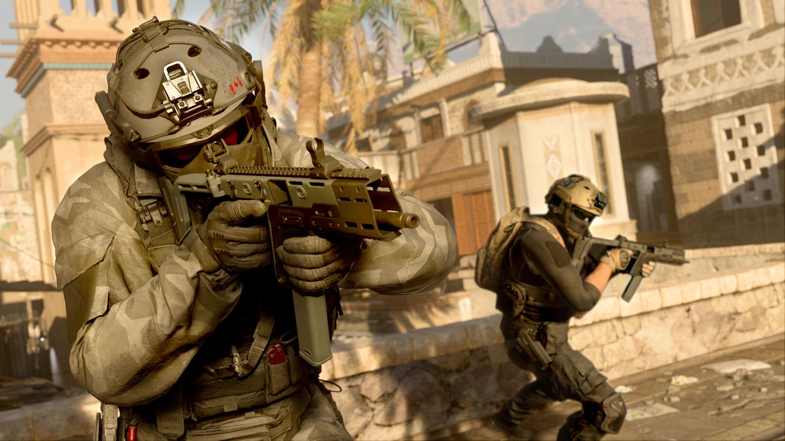 Screenshot of Warzone player aiming down sights of SMG
