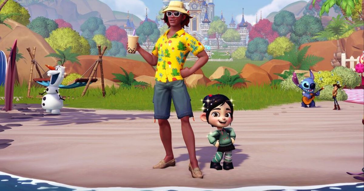 Disney Dreamlight Valley character wearing holiday gear on a beach