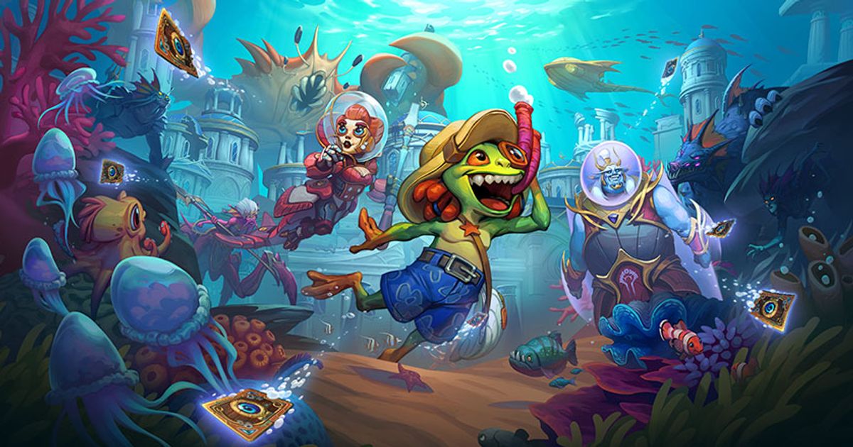 The Hearthstone Voyage to the Sunken City expansion main header image, featuring a Murloc and multiple Hearthstone characters underwater.