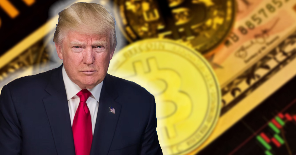 Donald Trump in front of a Bitcoin Coin and US Dollar notes.