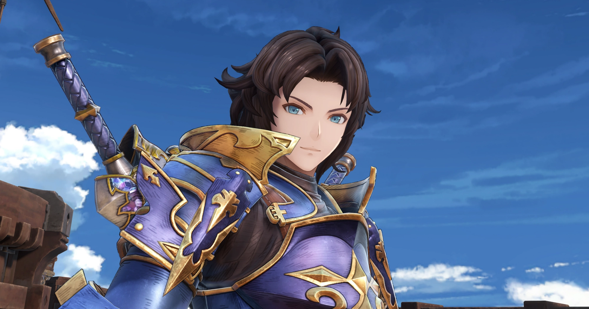 granblue fantasy relink lancelot with armor and sword on back and blue sky in background