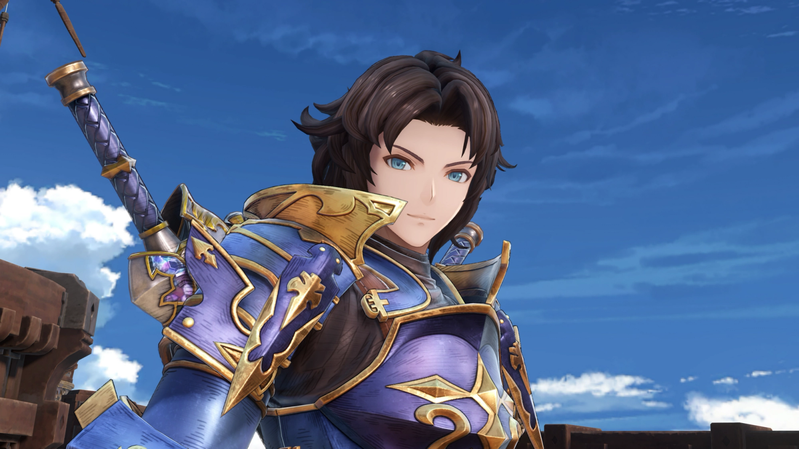 granblue fantasy relink lancelot with armor and sword on back and blue sky in background