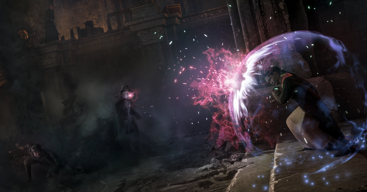 The character is using a defensive skill in Hogwarts Legacy.