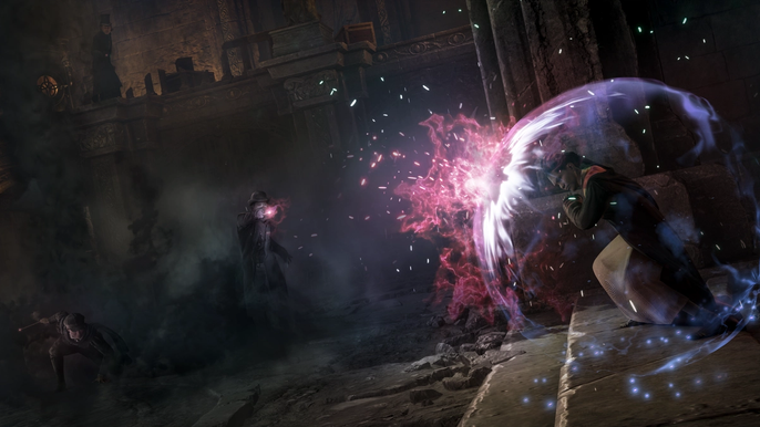 The character is using a defensive skill in Hogwarts Legacy.