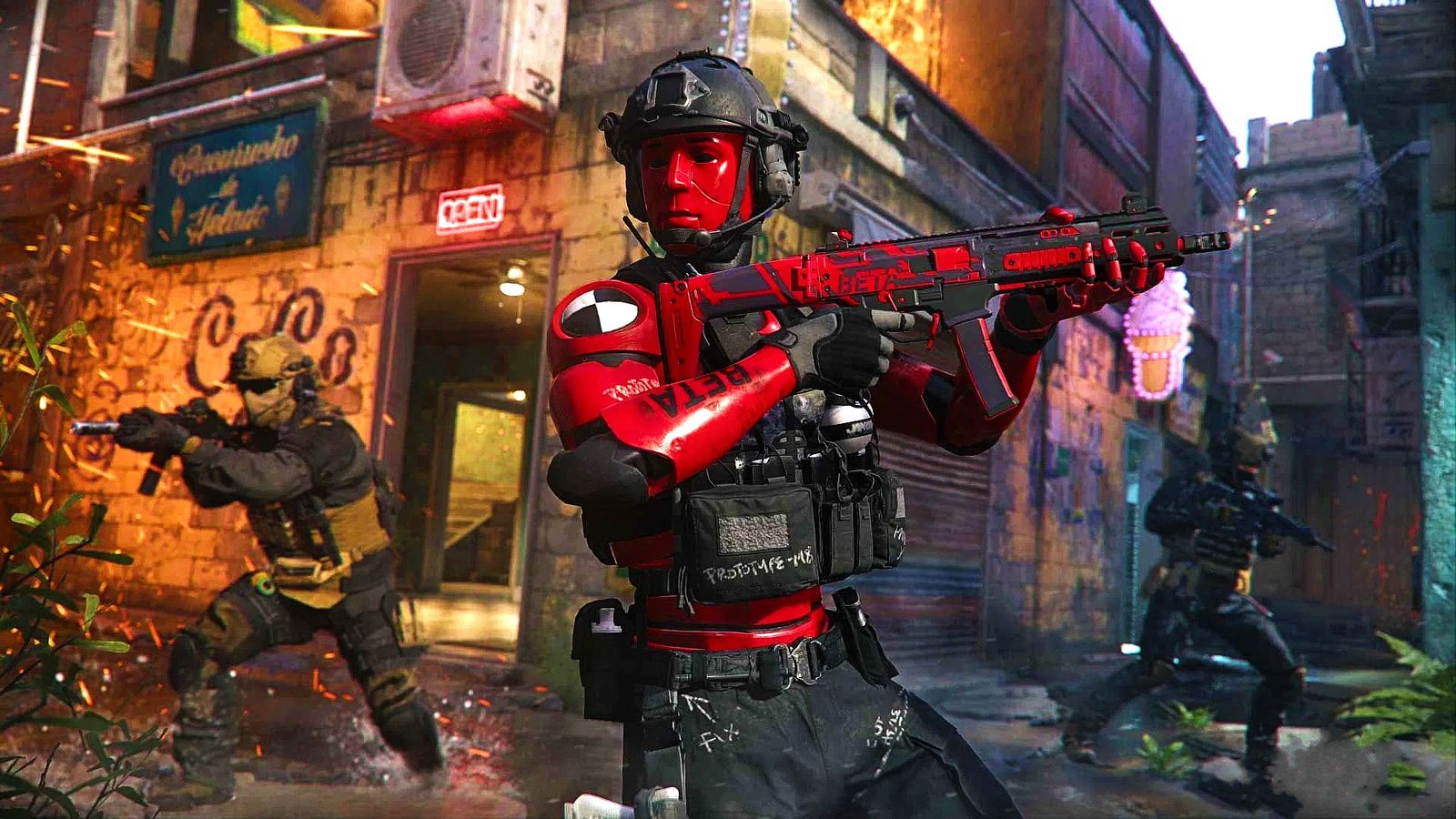 Modern Warfare 3 (2023) - soldier in red combat mask and armour holds a red gun, with two soldiers behind him