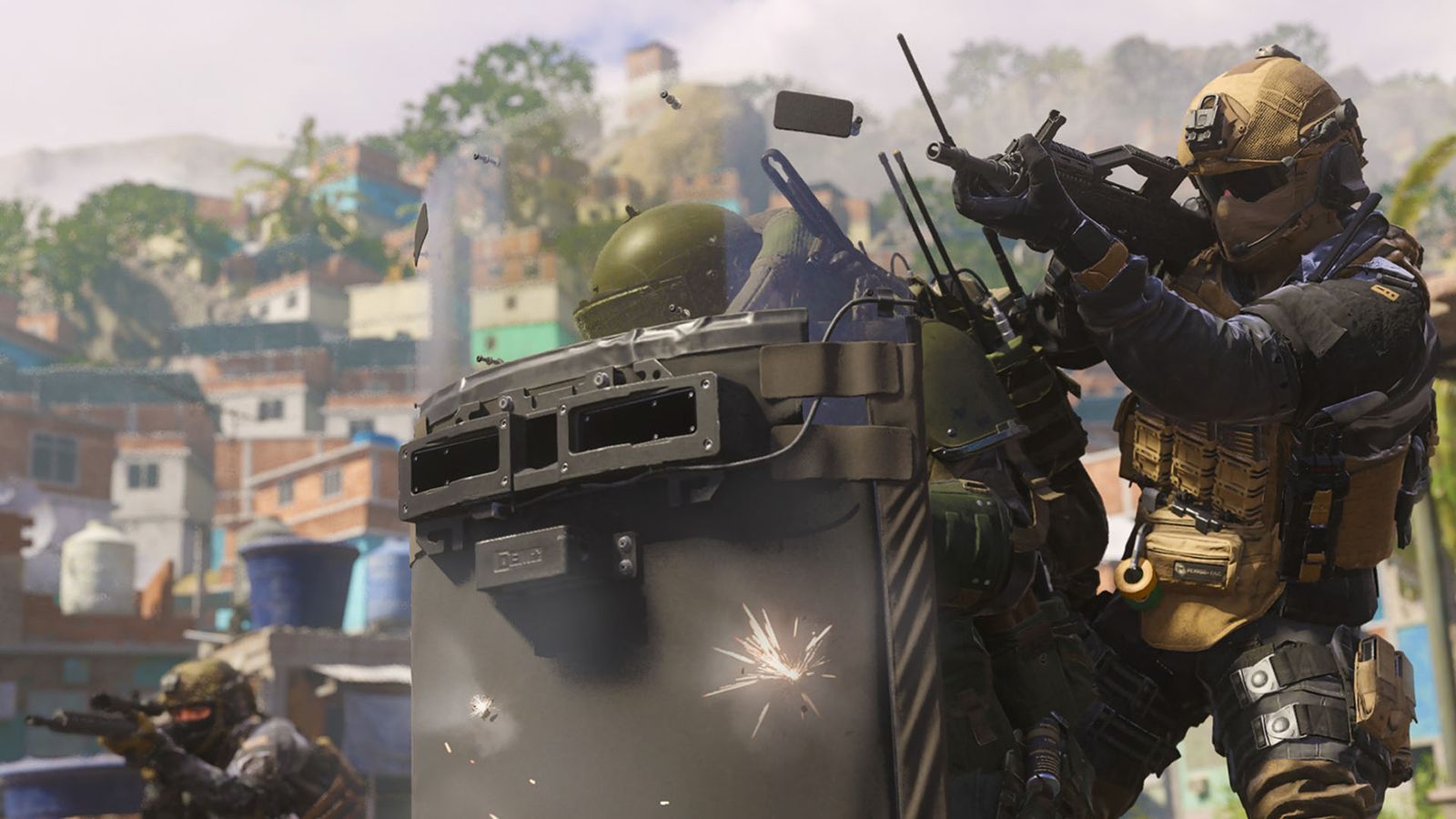 Modern Warfare 3 player firing gun in front of player using riot shield