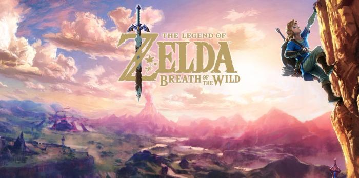Game image of Breath of the Wild featuring Link climbing a mountain on the right.