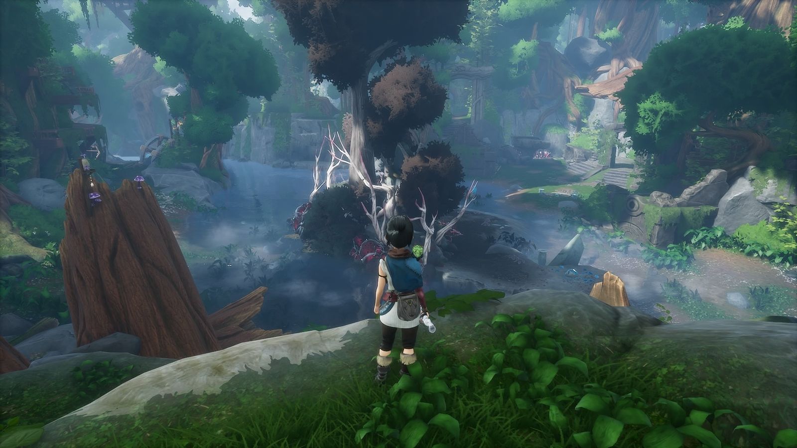 Kena looking at the infected trees that mark the location of the Water Shrine.