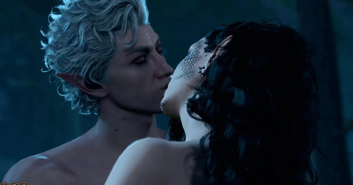 baldur's gate 3 astarion kissing scene with black haired woman