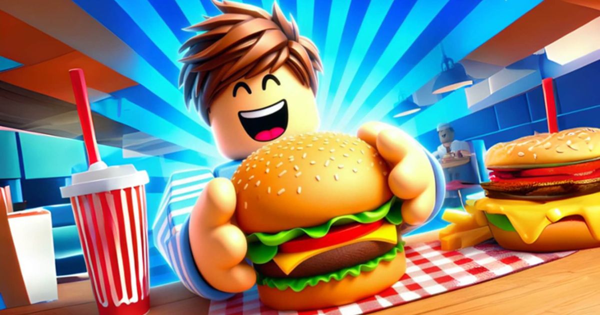 Roblox character eating a giant burger