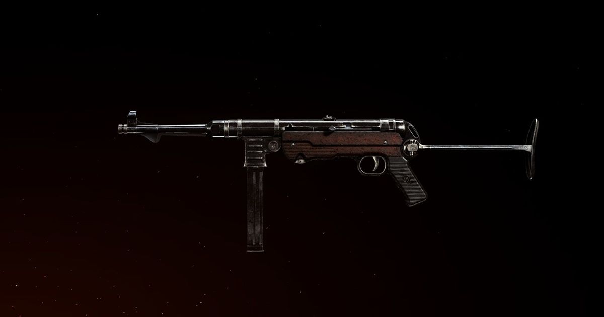 Gambar yang menunjukkan MP40 SMG dari Warzone dengan latar belakang gelap