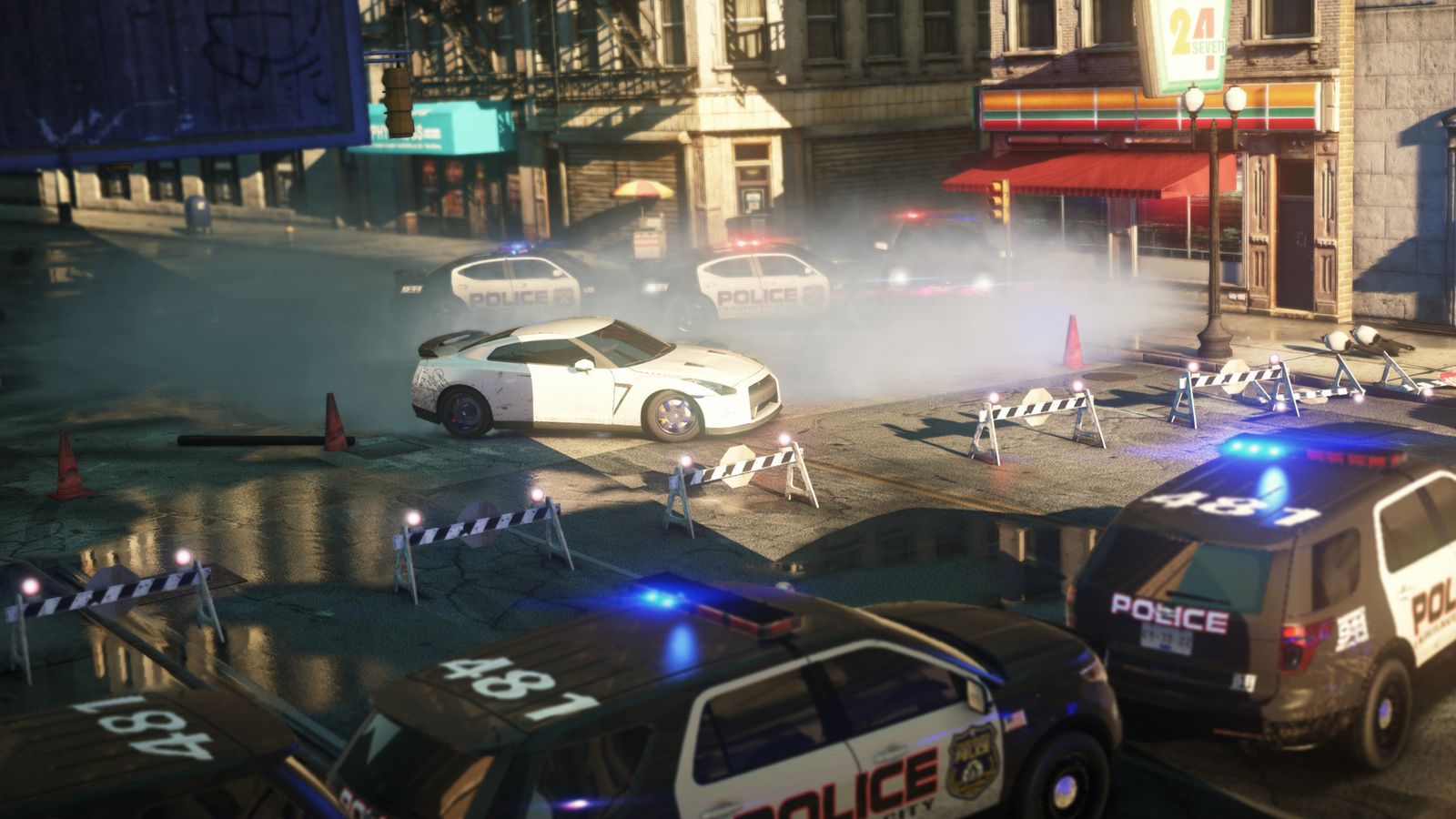 A car blocked by a police cordon in Need For Speed: Most Wanted