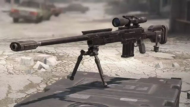 Screenshot of COD Mobile DL Q33 sniper rifle hovering above supply crate