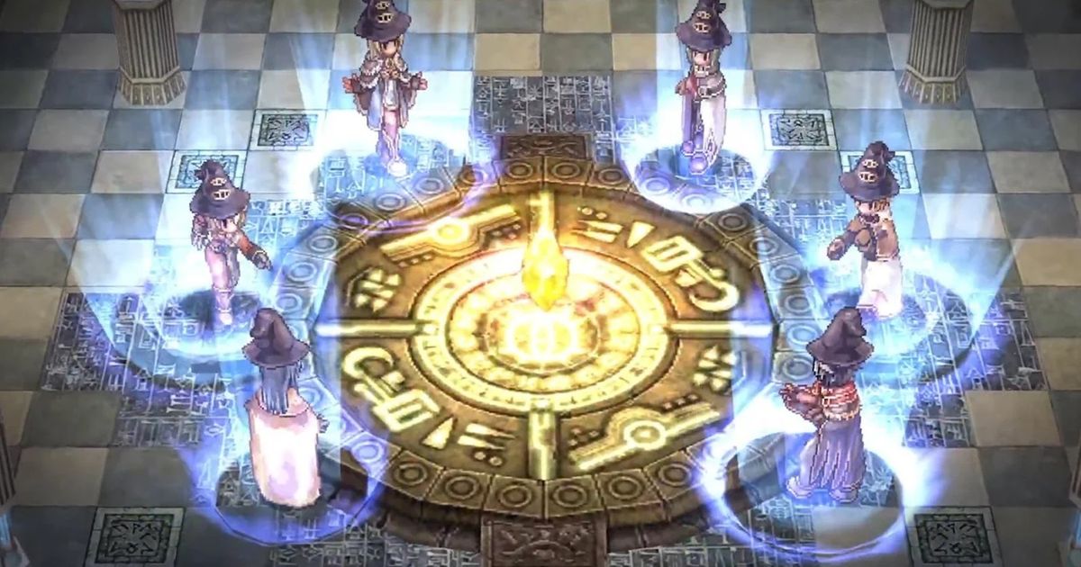 Screenshot from Ragnarok: The Lost Memories, showing six characters crowded around a mystical shrine