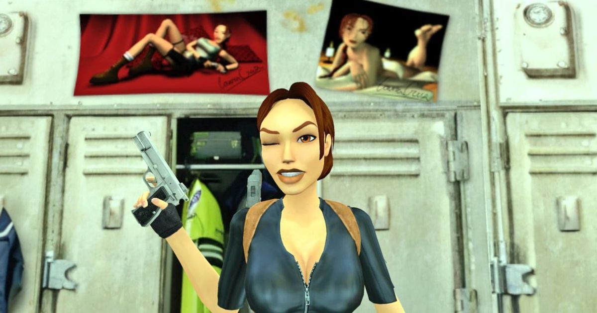 tomb raider lara croft winking in front of sexy pinup posters