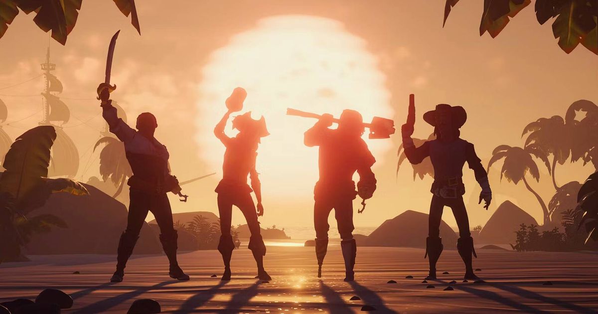 The silhouette of four pirates in the sunset with one holding up a sword, one raising a glass, one carrying a shovel, and one wielding a pistol.