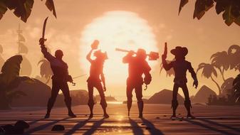 The silhouette of four pirates in the sunset with one holding up a sword, one raising a glass, one carrying a shovel, and one wielding a pistol.