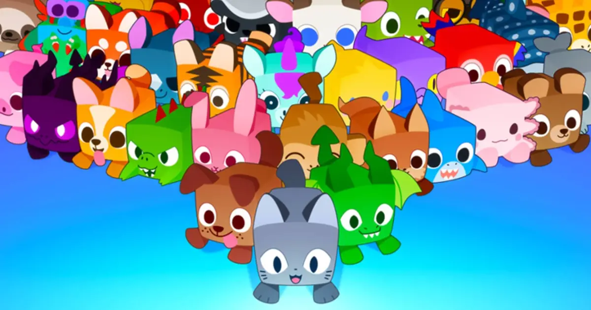 Pet Simulator 99 poster with lots of pets and blue background
