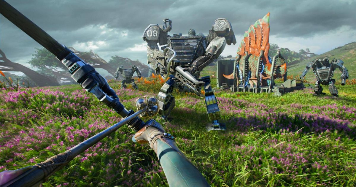 A Na'vi pointing an arrow at an RDA mech in Avatar Frontiers of Pandora.