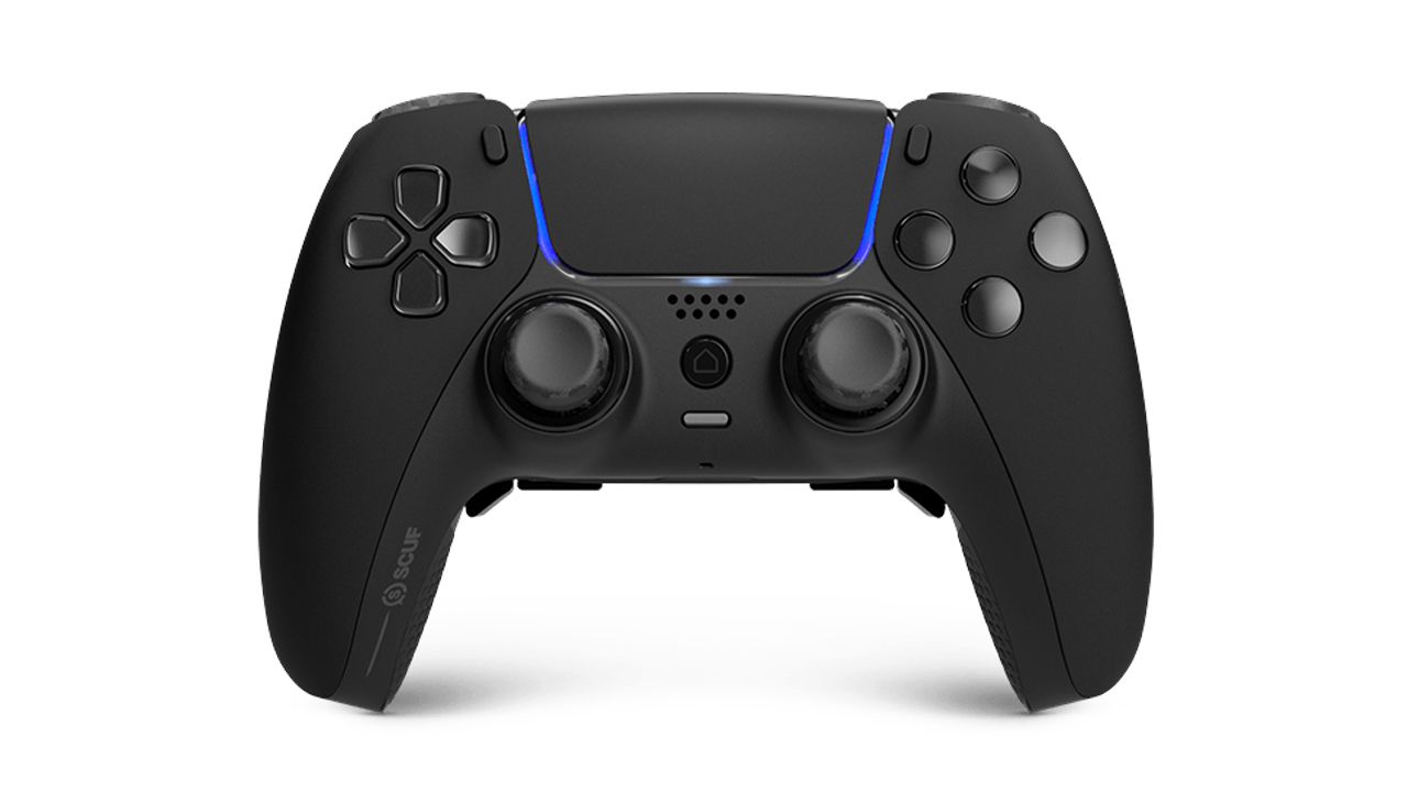 Scuf Gaming Reflex Pro product image of a black and blue custom PS5 controller