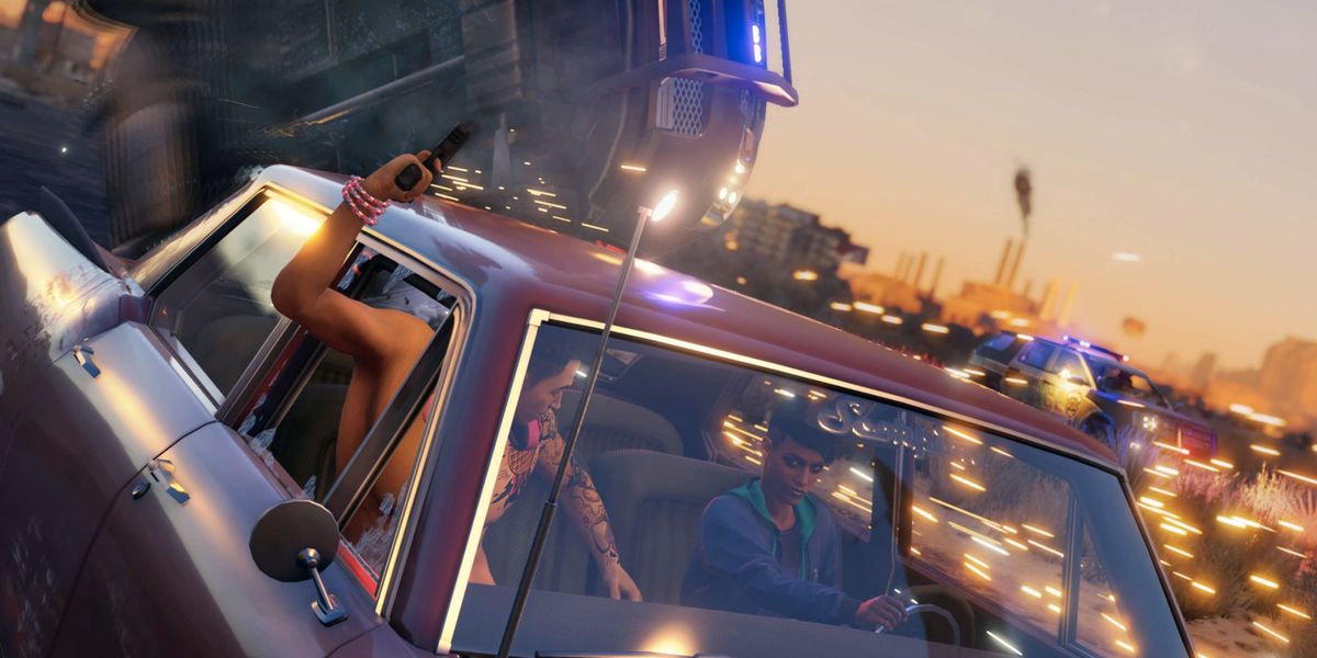Image of two gang members shooting out of a car in Saints Row.