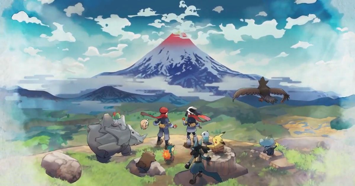 Pokemon Legends: Arceus art featuring two Pokemon Trainers, Lucario, Starly, Bidoof, Pikachu, Ryhorn, Ralts, Cyndaquil, Shinx, Oshawatt, and Rowlett.