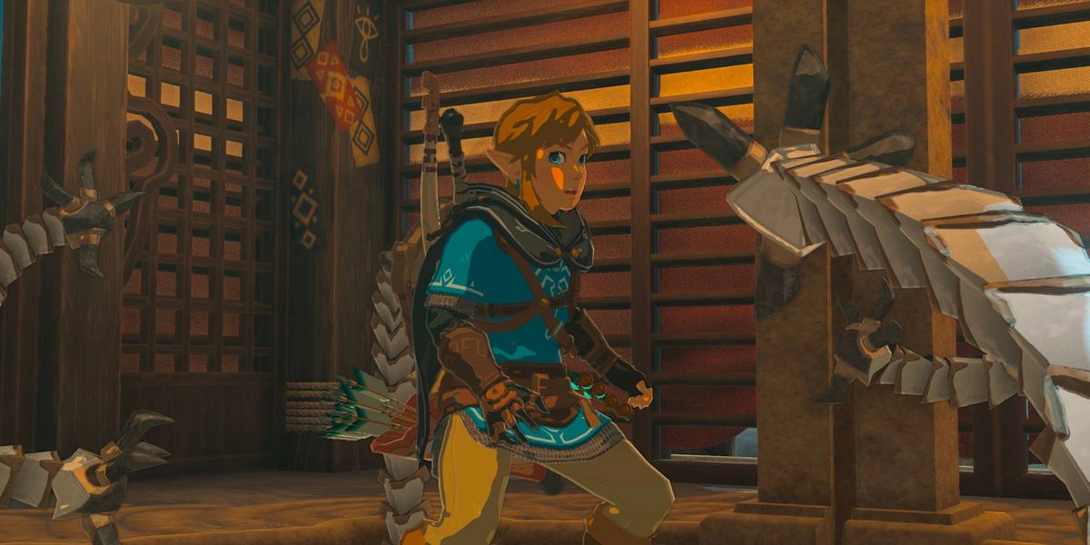 Link in a wooden hut in Zelda Tears of the Kingdom.