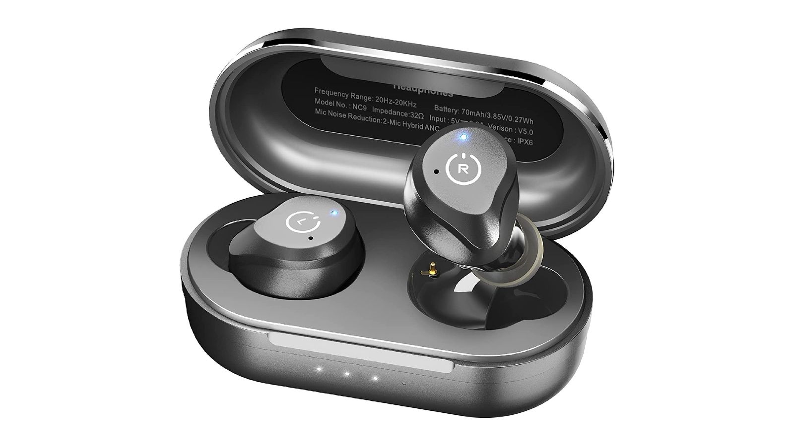 Best Android earbuds - TOZO NC9 product image of a matte black charging case with two earbuds inside.