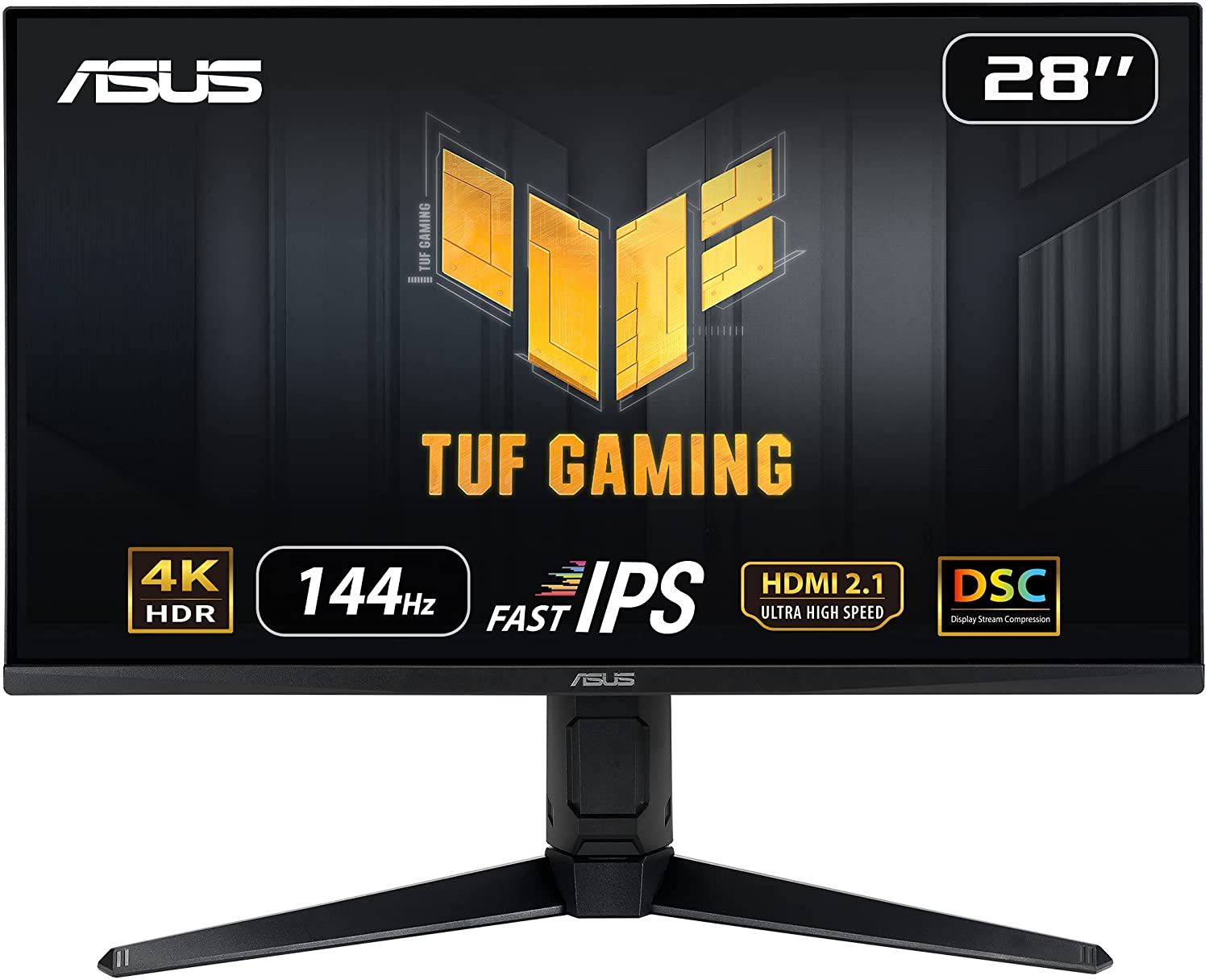 ASUS TUF Gaming VG28UQL1A product image of a black monitor with yellow ASUS TUF branding on the display.
