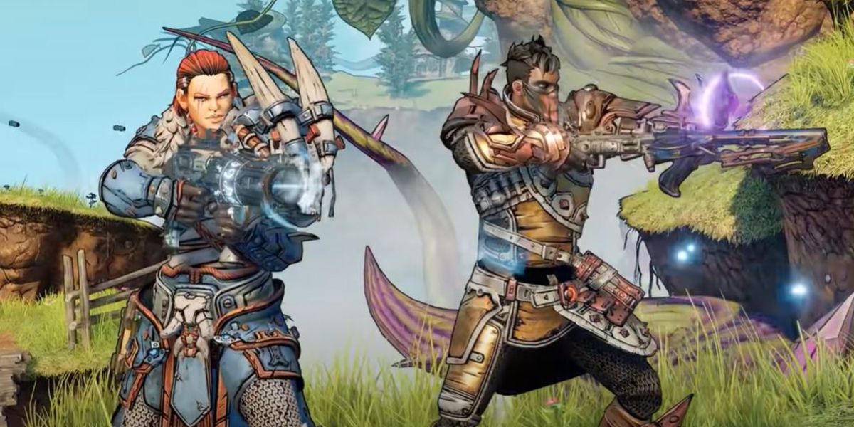 Tiny Tina's Wonderlands, two characters are holding weapons. The one at the front is wearing blue armour, the one at the back is wearing gold. 