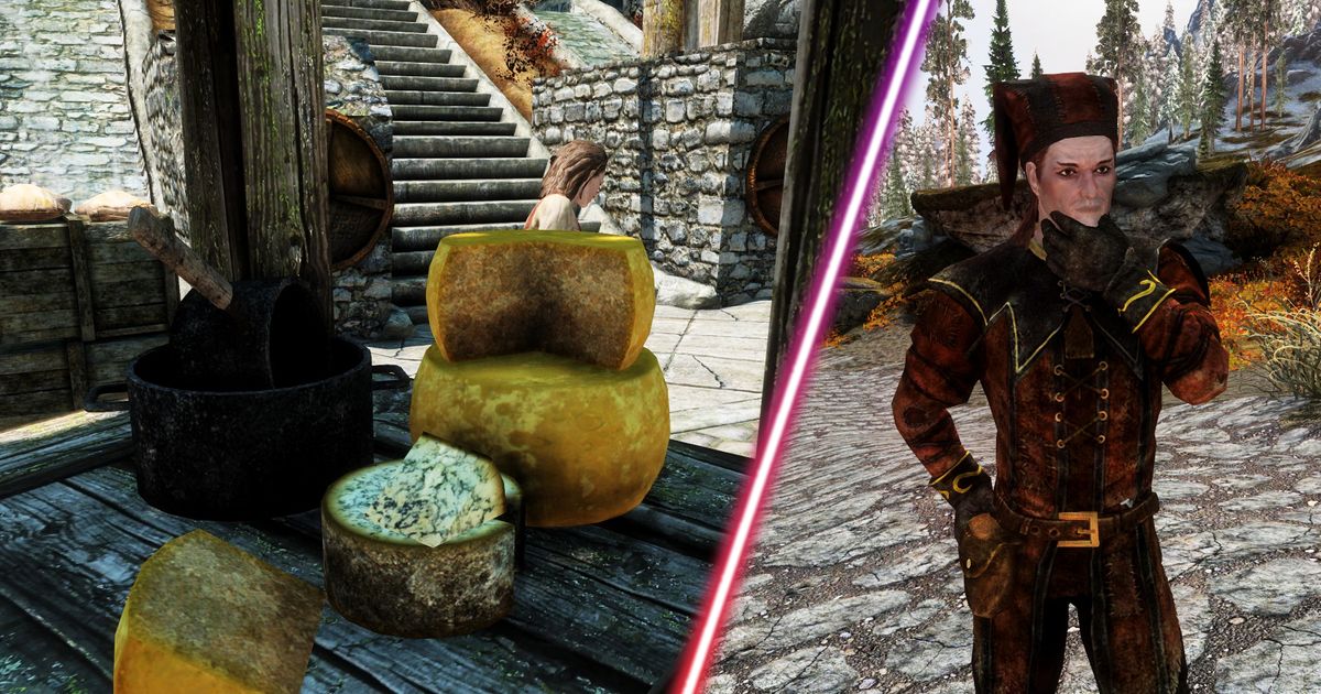 Some cheese wheels and Cicero from the Dark Brotherhood in Skyrim.