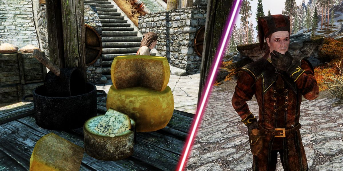 Some cheese wheels and Cicero from the Dark Brotherhood in Skyrim.
