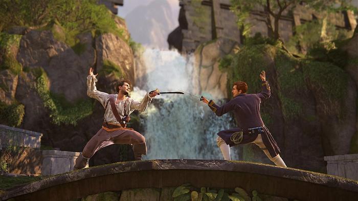 An official image of two characters sword-fighting in Uncharted 4.