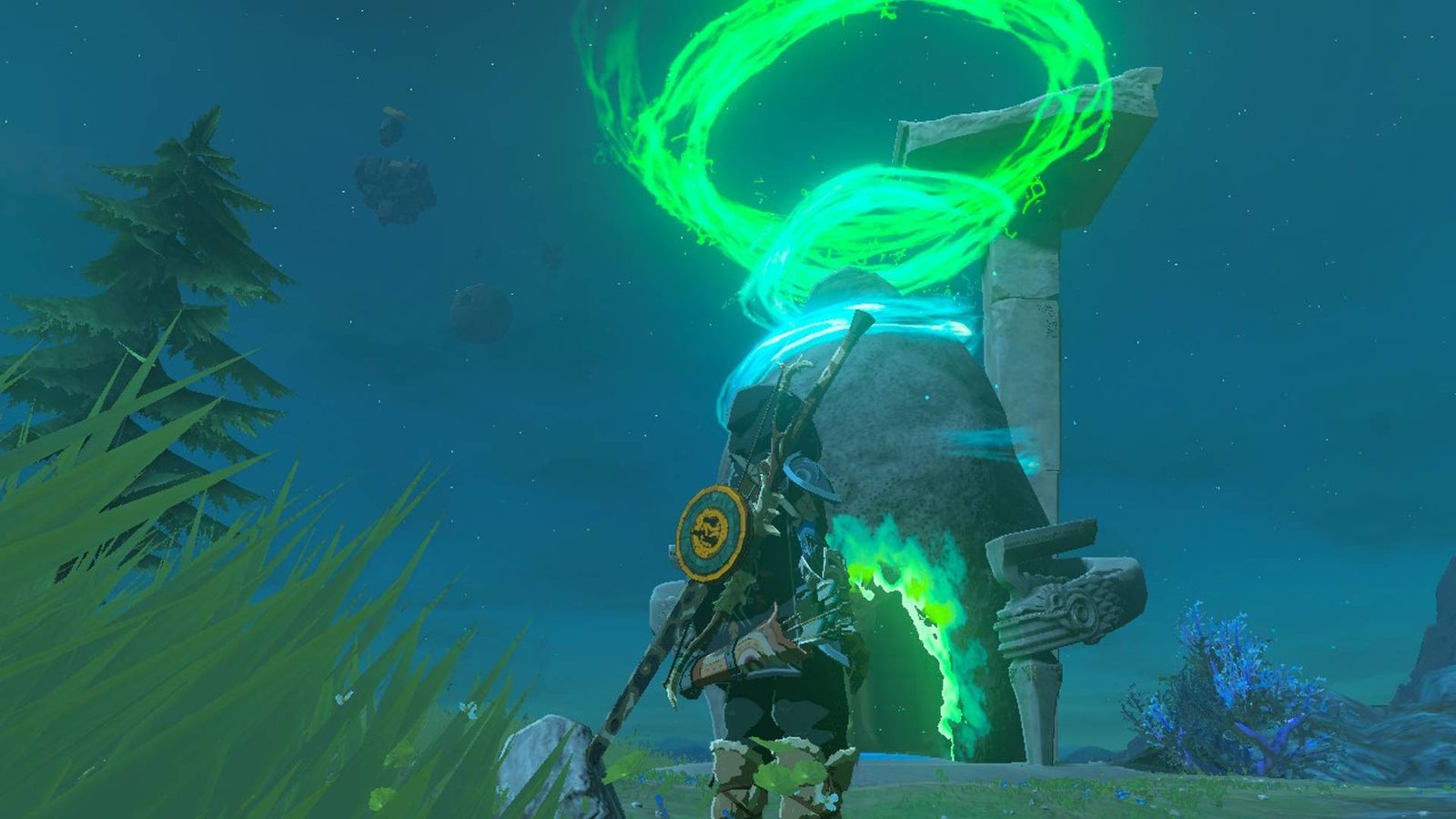 Link looking up at the Ihen-a Shrine in Zelda Tears of the Kingdom.