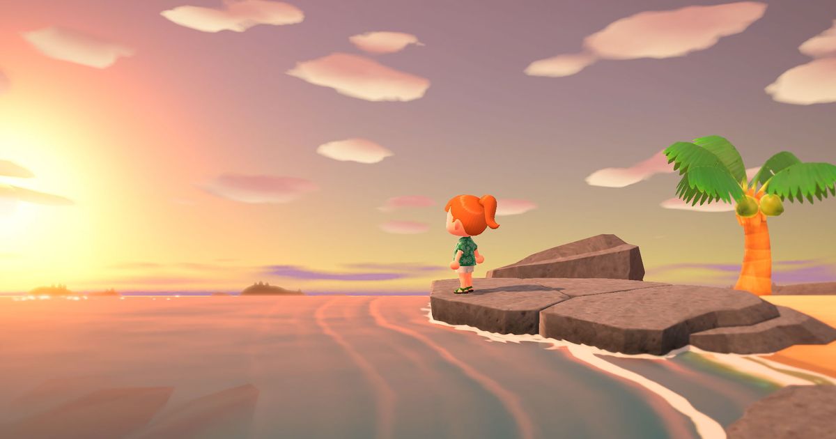 A character, the Resident Representative, stares at the sunset off the coast of their island in Animal Crossing: New Horizons.