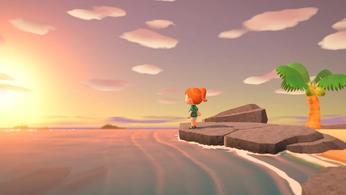 A character, the Resident Representative, stares at the sunset off the coast of their island in Animal Crossing: New Horizons.