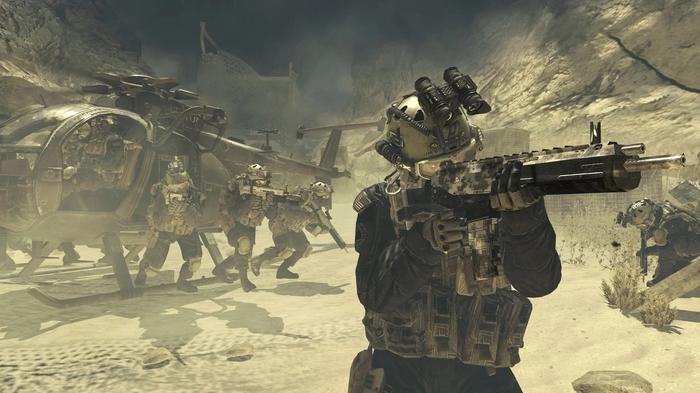 Image showing Modern Warfare 2 player holding gun near helicopter
