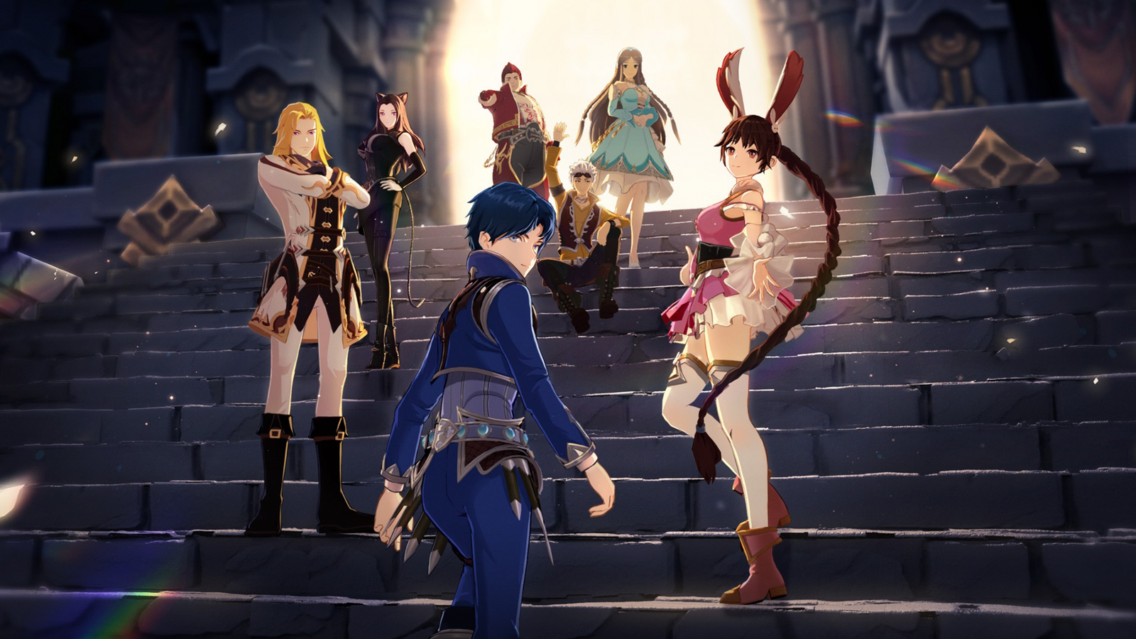 Screenshot from Soul Land: Advent of the Gods, showing seven playable characters on a flight of stairs