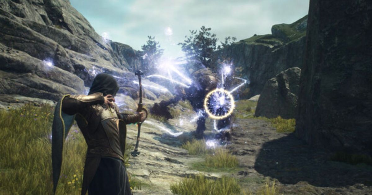 a player using a bow against a monster in Dragon's Dogma 2