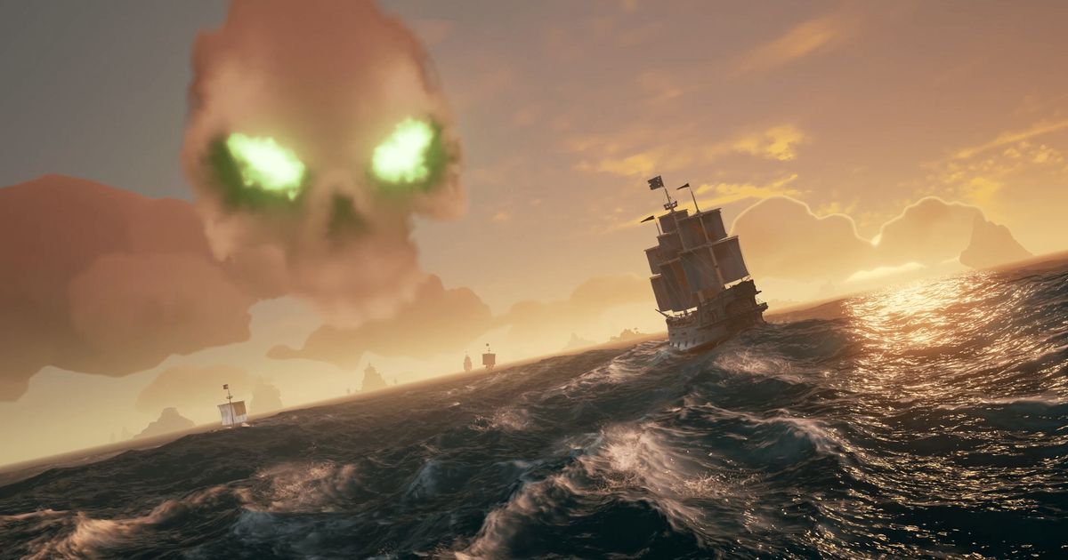 sea of thieves ships on water heading to big skull in sky for shores of gold tall tale