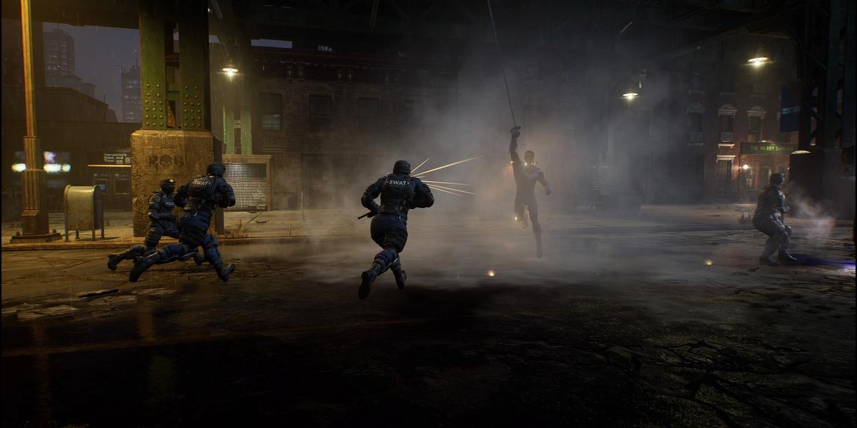 Nightwing using a smoke bomb to grapple away in Gotham Knights