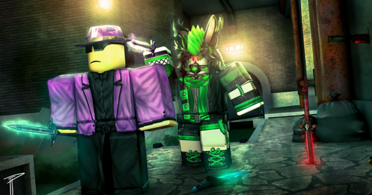 Artwork for Assassins featuring two Roblox characters dressed as henchmen.