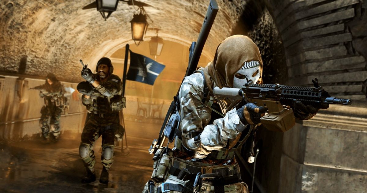 Screenshot of Modern Warfare 3 operator aiming with gun and Modern Warfare 3 player carrying flag in background