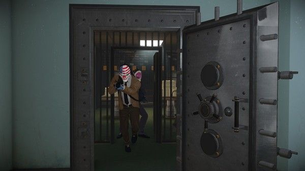 Someon in a brown suit and a red and white striped mask aiming a weapon through a doorway in Payday 2.