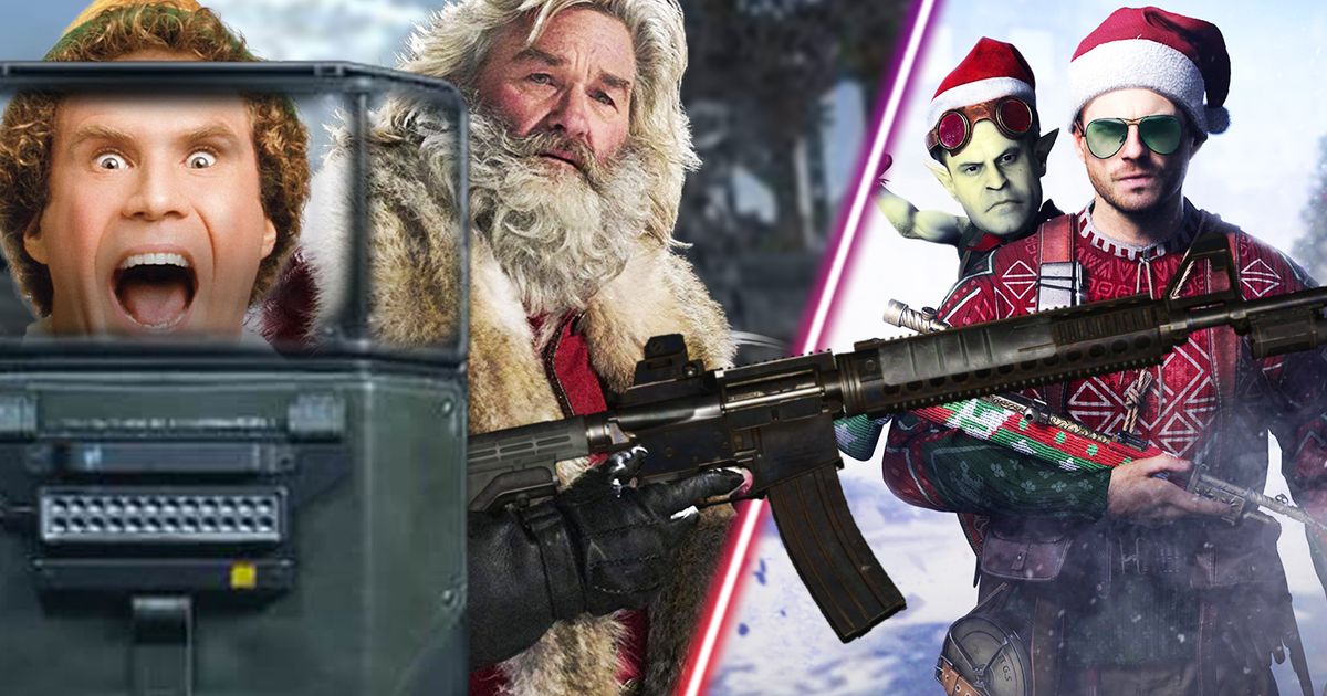 Warzone player wearing riot shield, Santa carrying gun, Buddy the Elf using Riot Shield