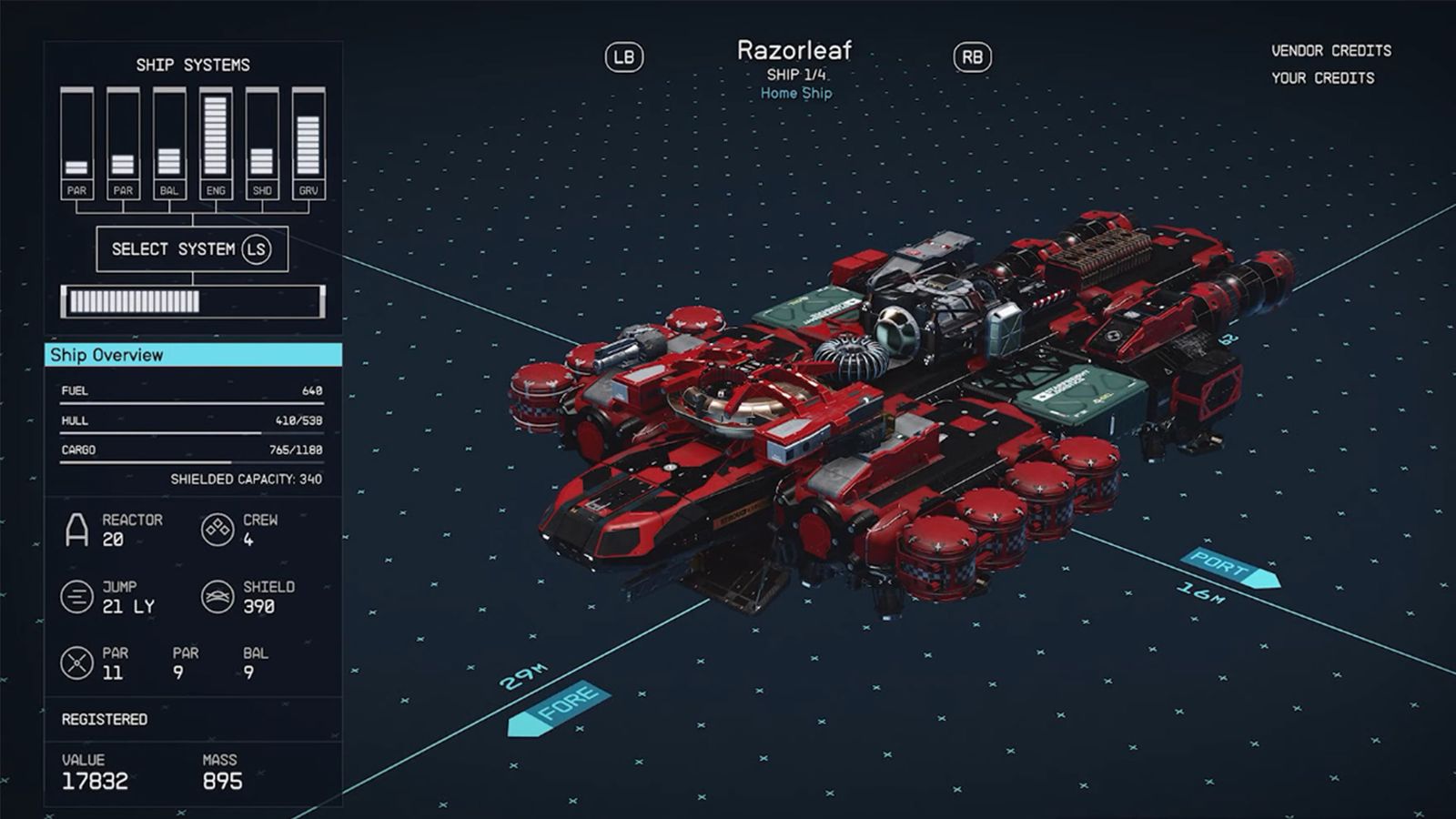 A screenshot of the ship-building mode in Starfield. 