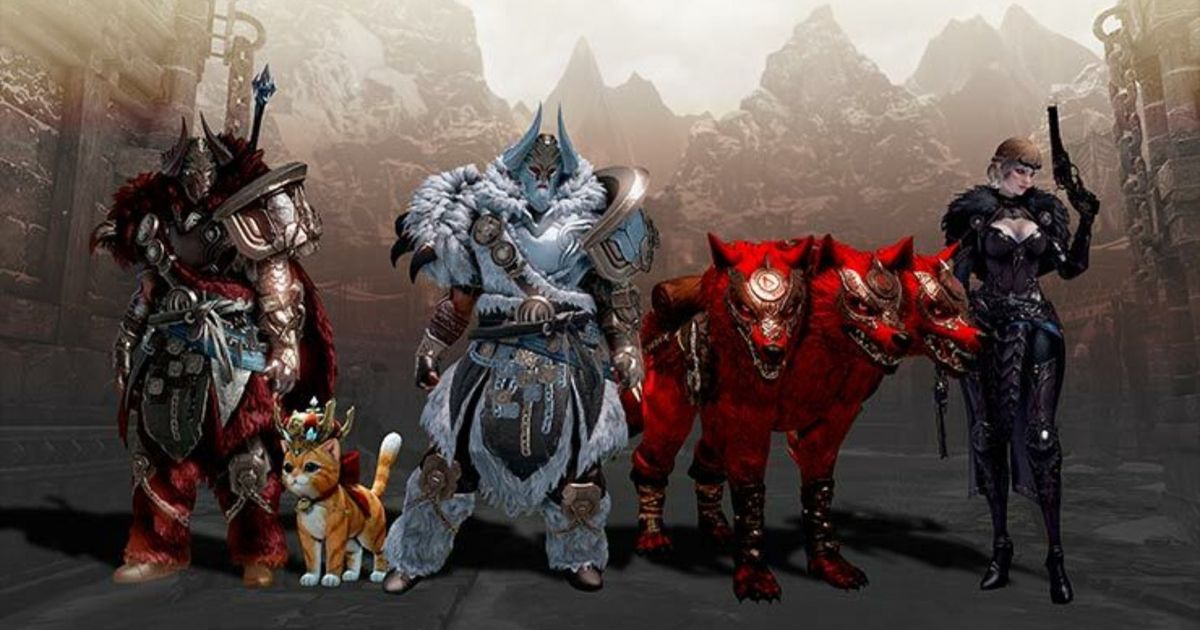 Three characters of different classes in Lost Ark, with a pet companion and the Cerberus Mount of the Platinum Founder's Pack.