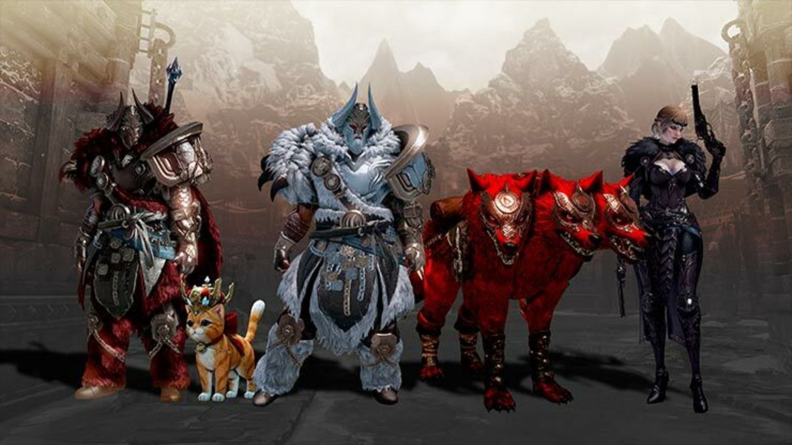 Three characters of different classes in Lost Ark, alongside a mount and a pet that is available in Founder's Packs.